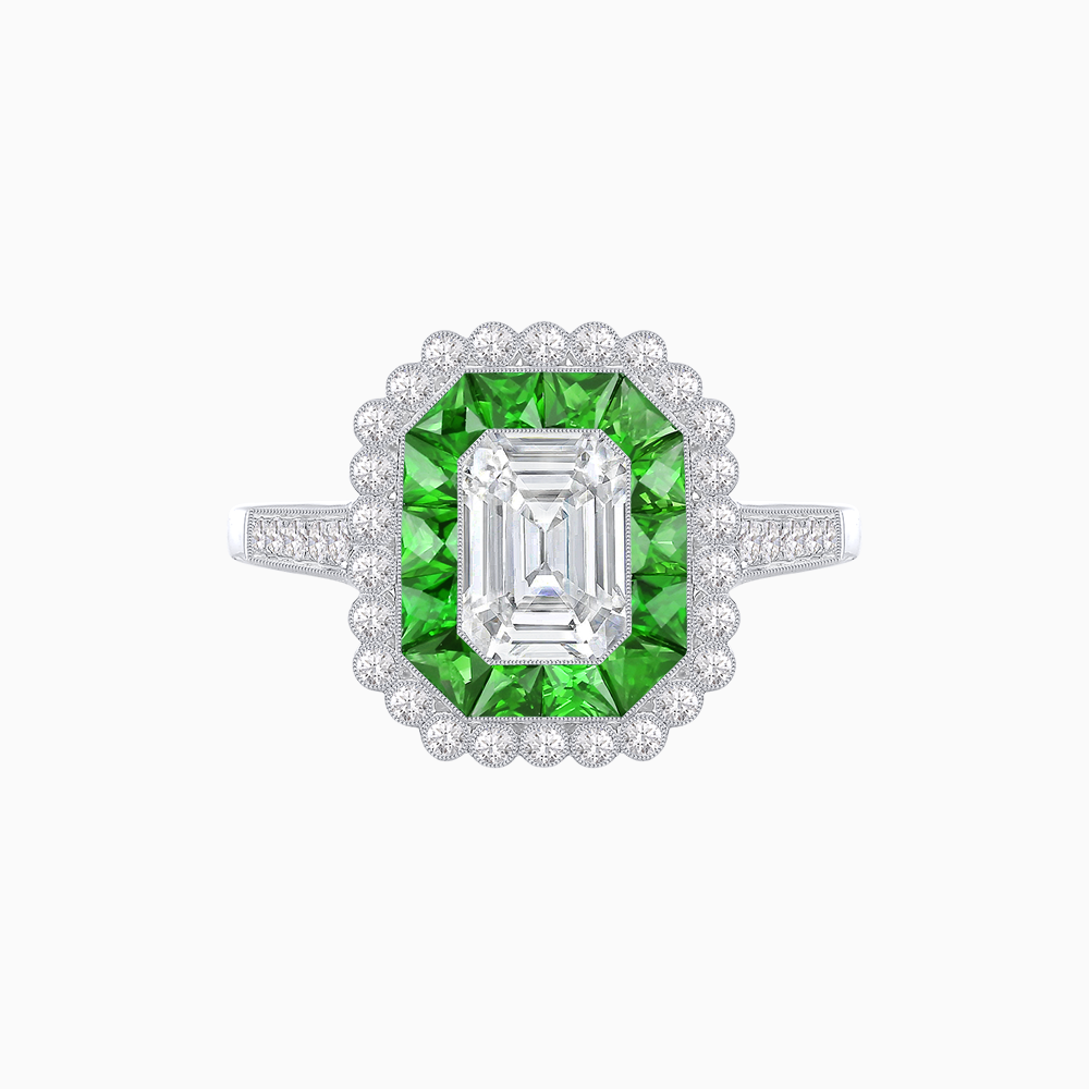Art Deco Style Mounting Ring with Emerald Cut Center Stone and Calibre-Cut Gemstone Halo