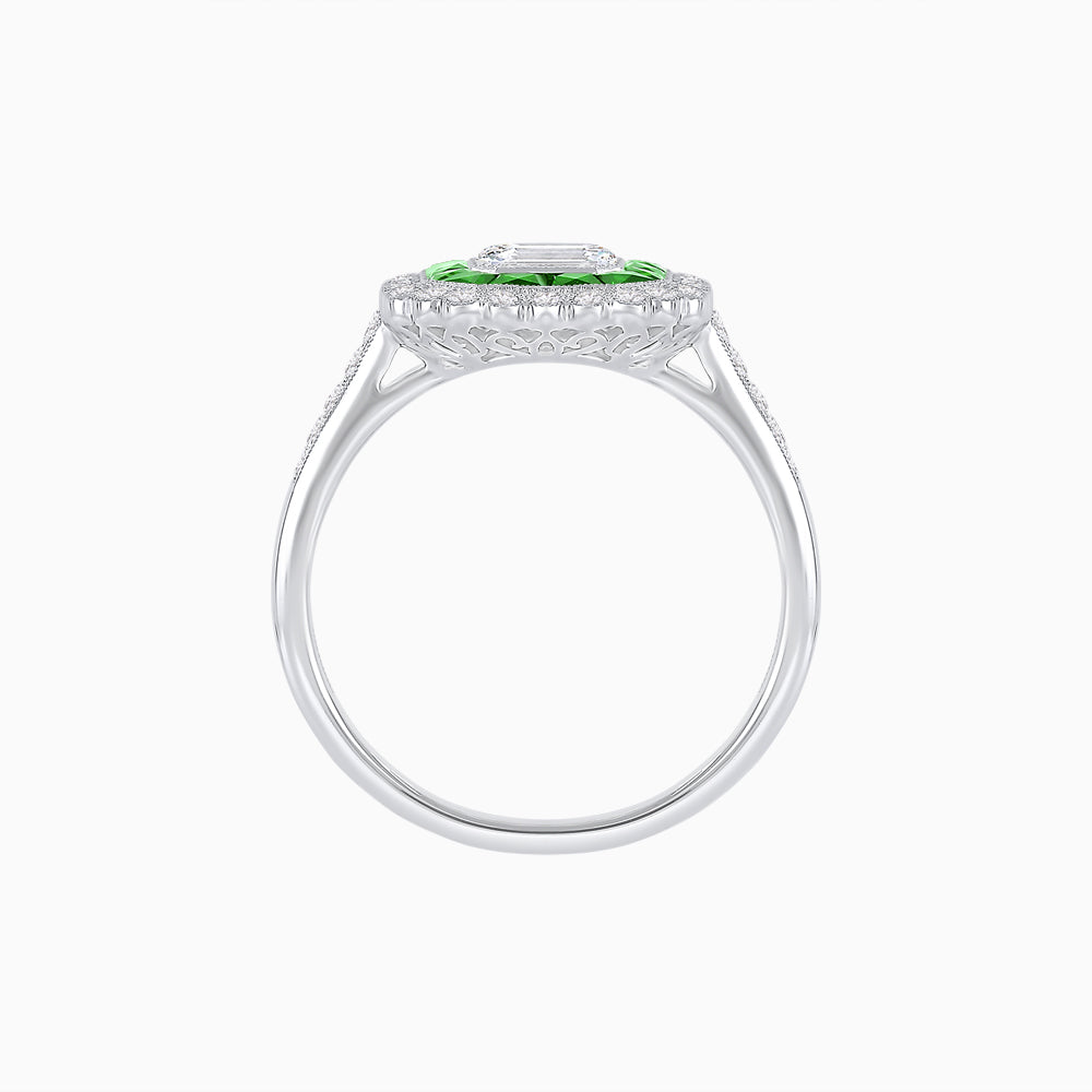 Art Deco Style Mounting Ring with Emerald Cut Center Stone and Calibre-Cut Gemstone Halo