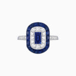 Load image into Gallery viewer, Art Deco Style Double Halo Ring Mounting with Emerald Cut Center Stone and Calibre-Cut Gemstone Halo