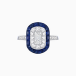 Load image into Gallery viewer, Art Deco Style Double Halo Ring Mounting with Emerald Cut Center Stone and Calibre-Cut Gemstone Halo