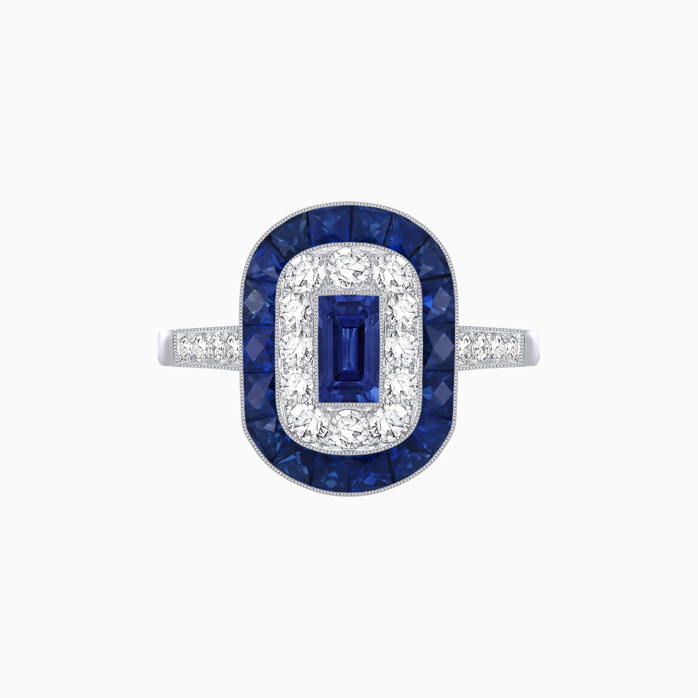 Art Deco Style Double Halo Ring Mounting with Emerald Cut Center Stone and Calibre-Cut Gemstone Halo
