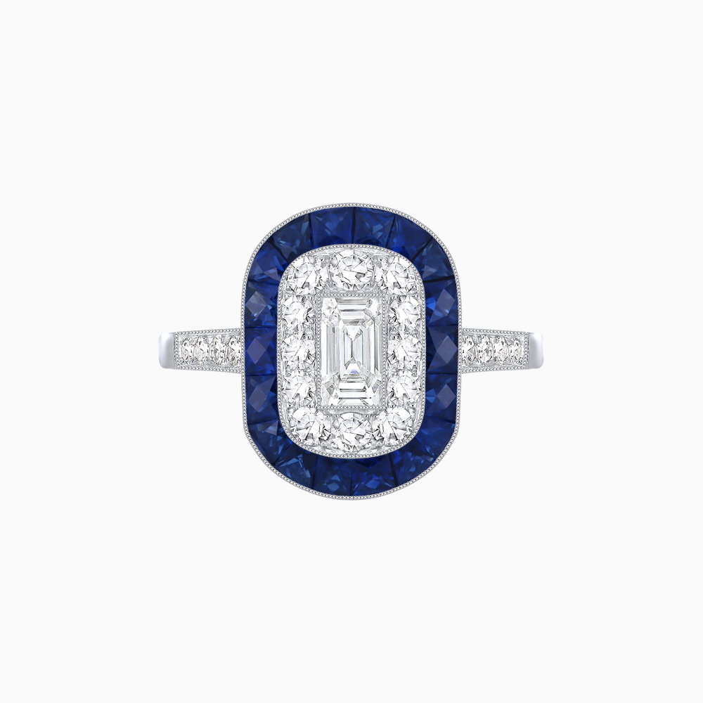 Art Deco Style Double Halo Ring Mounting with Emerald Cut Center Stone and Calibre-Cut Gemstone Halo