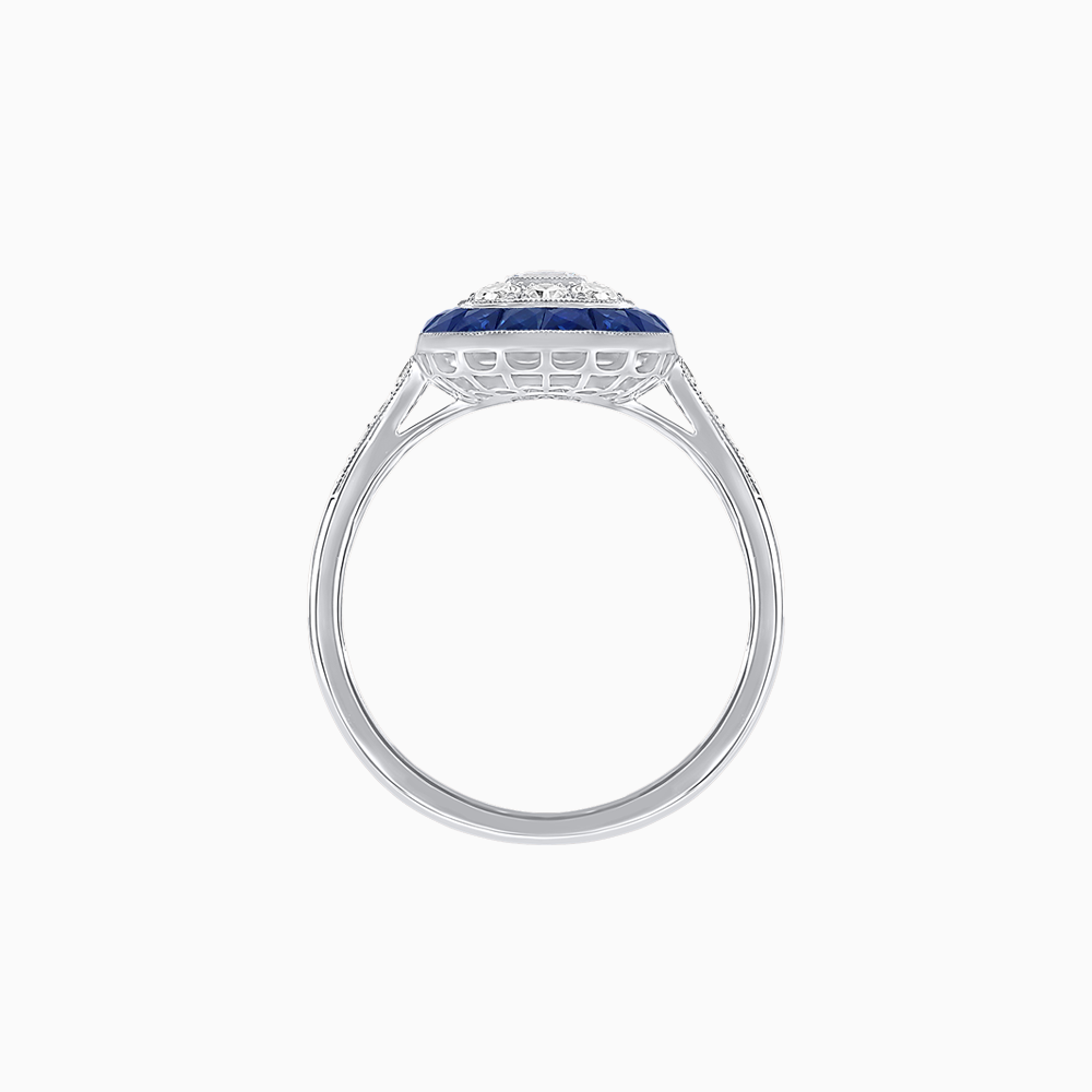 Art Deco Style Double Halo Ring Mounting with Emerald Cut Center Stone and Calibre-Cut Gemstone Halo