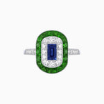 Load image into Gallery viewer, Art Deco Style Double Halo Ring Mounting with Emerald Cut Center Stone and Calibre-Cut Gemstone Halo