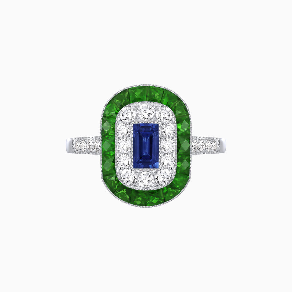 Art Deco Style Double Halo Ring Mounting with Emerald Cut Center Stone and Calibre-Cut Gemstone Halo
