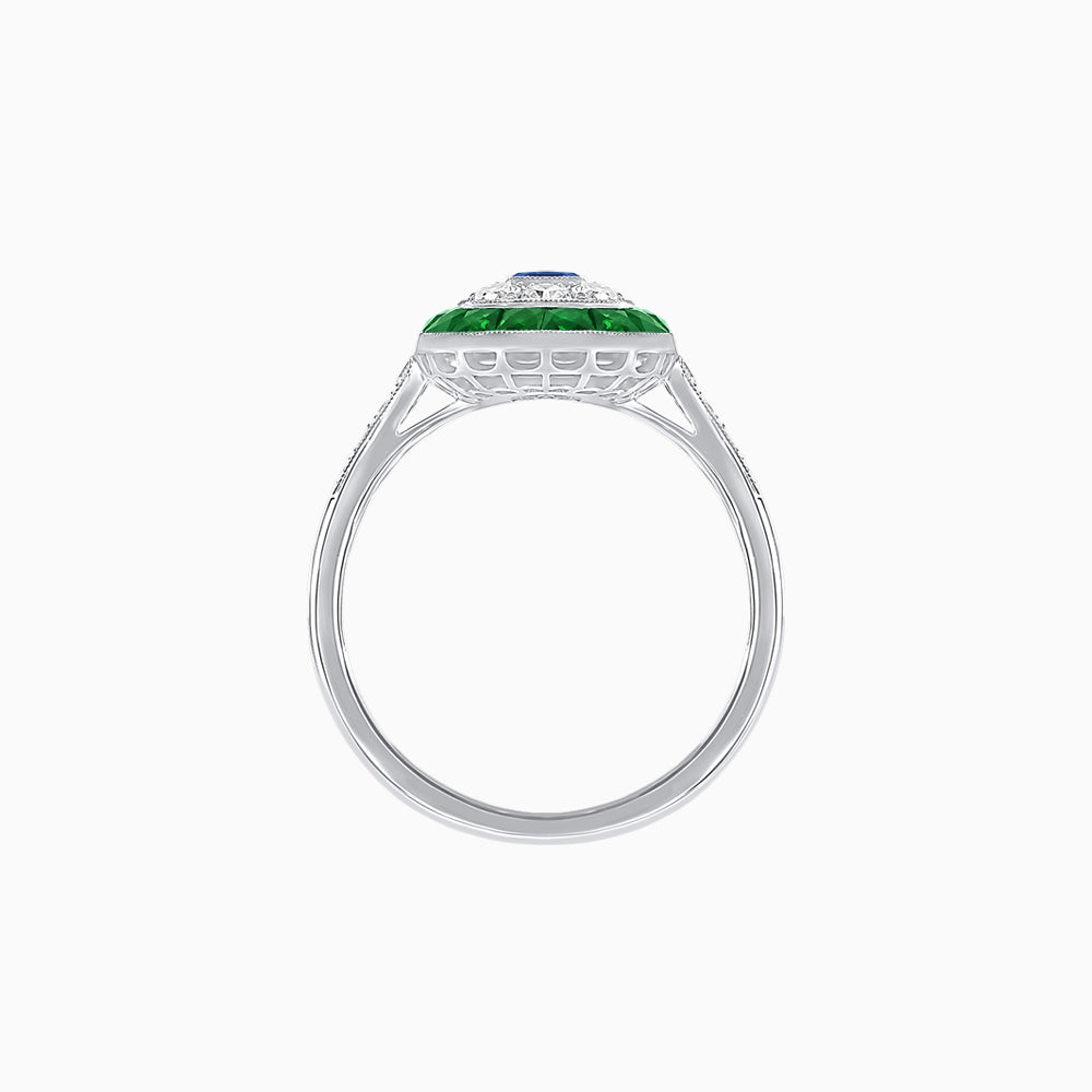 Art Deco Style Double Halo Ring Mounting with Emerald Cut Center Stone and Calibre-Cut Gemstone Halo