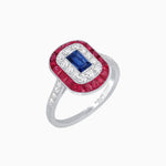 Load image into Gallery viewer, Art Deco Style Double Halo Ring Mounting with Emerald Cut Center Stone and Calibre-Cut Gemstone Halo