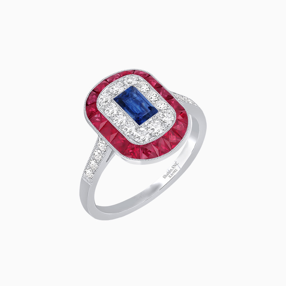 Art Deco Style Double Halo Ring Mounting with Emerald Cut Center Stone and Calibre-Cut Gemstone Halo