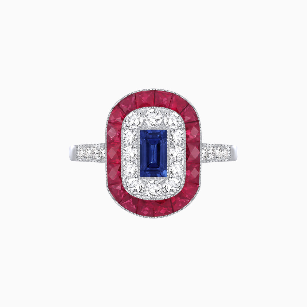Art Deco Style Double Halo Ring Mounting with Emerald Cut Center Stone and Calibre-Cut Gemstone Halo