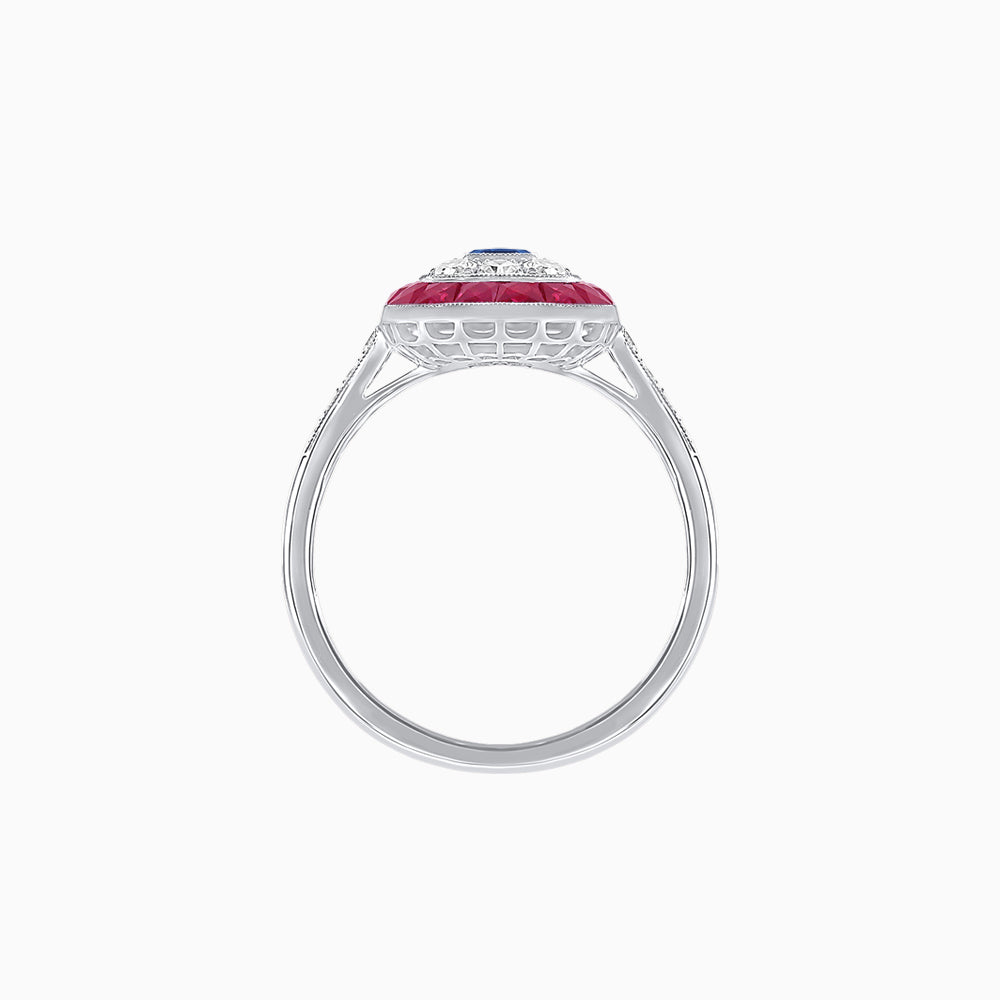Art Deco Style Double Halo Ring Mounting with Emerald Cut Center Stone and Calibre-Cut Gemstone Halo