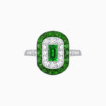 Load image into Gallery viewer, Art Deco Style Double Halo Ring Mounting with Emerald Cut Center Stone and Calibre-Cut Gemstone Halo