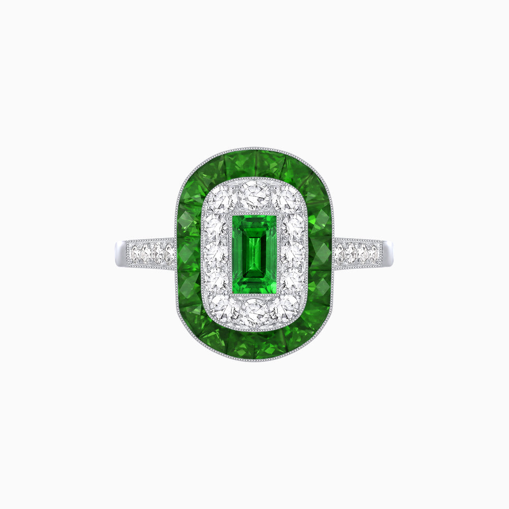 Art Deco Style Double Halo Ring Mounting with Emerald Cut Center Stone and Calibre-Cut Gemstone Halo
