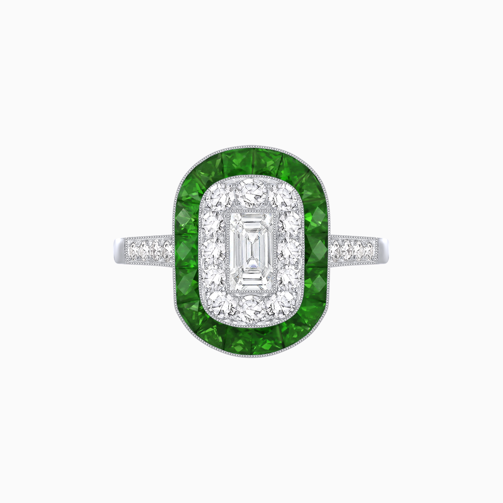 Art Deco Style Double Halo Ring Mounting with Emerald Cut Center Stone and Calibre-Cut Gemstone Halo