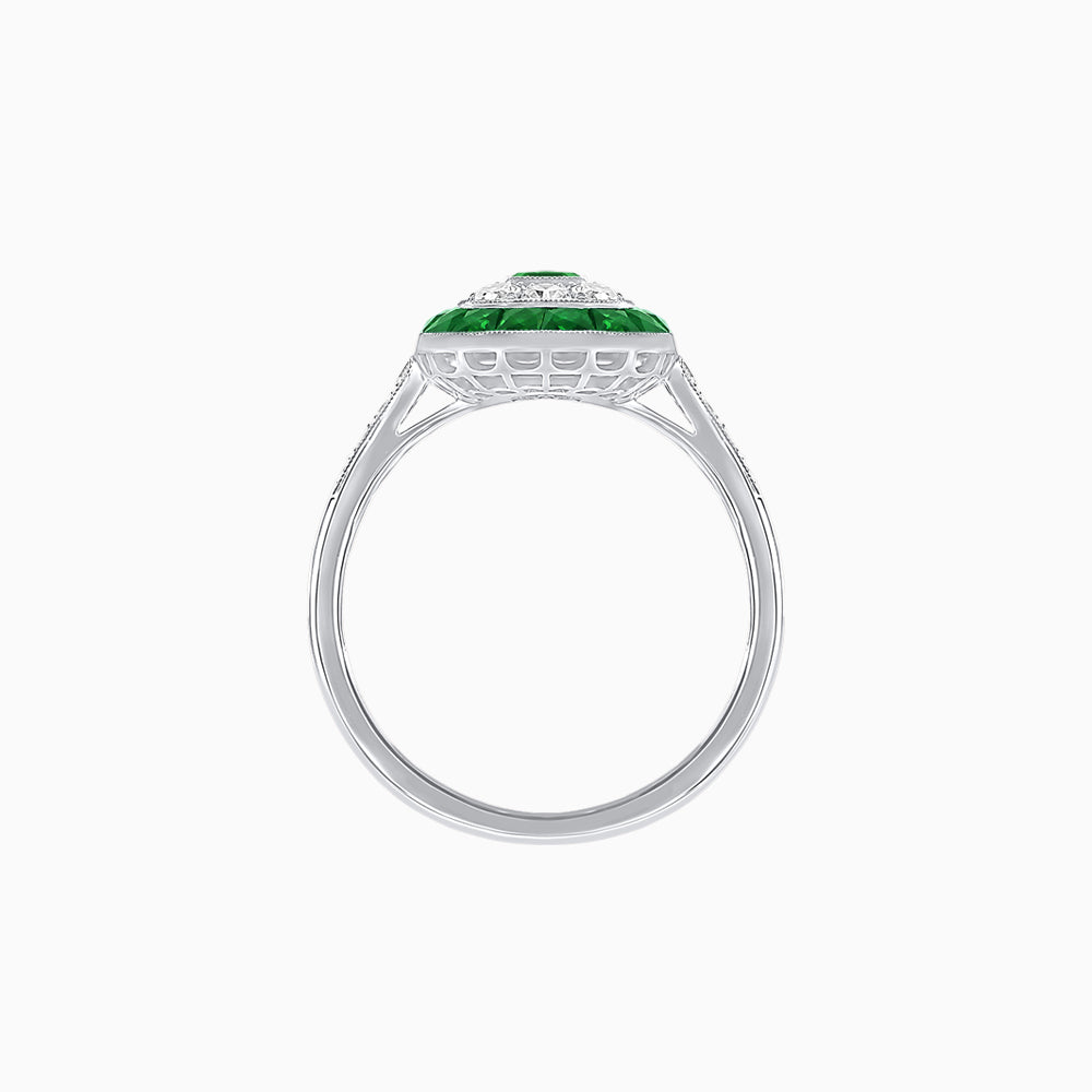 Art Deco Style Double Halo Ring Mounting with Emerald Cut Center Stone and Calibre-Cut Gemstone Halo