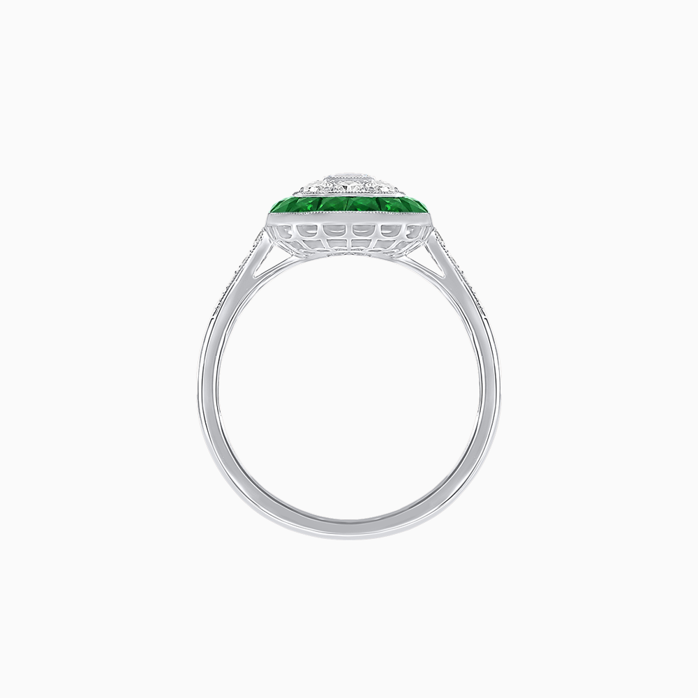 Art Deco Style Double Halo Ring Mounting with Emerald Cut Center Stone and Calibre-Cut Gemstone Halo