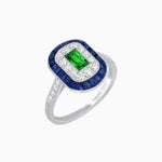 Load image into Gallery viewer, Art Deco Style Double Halo Ring Mounting with Emerald Cut Center Stone and Calibre-Cut Gemstone Halo
