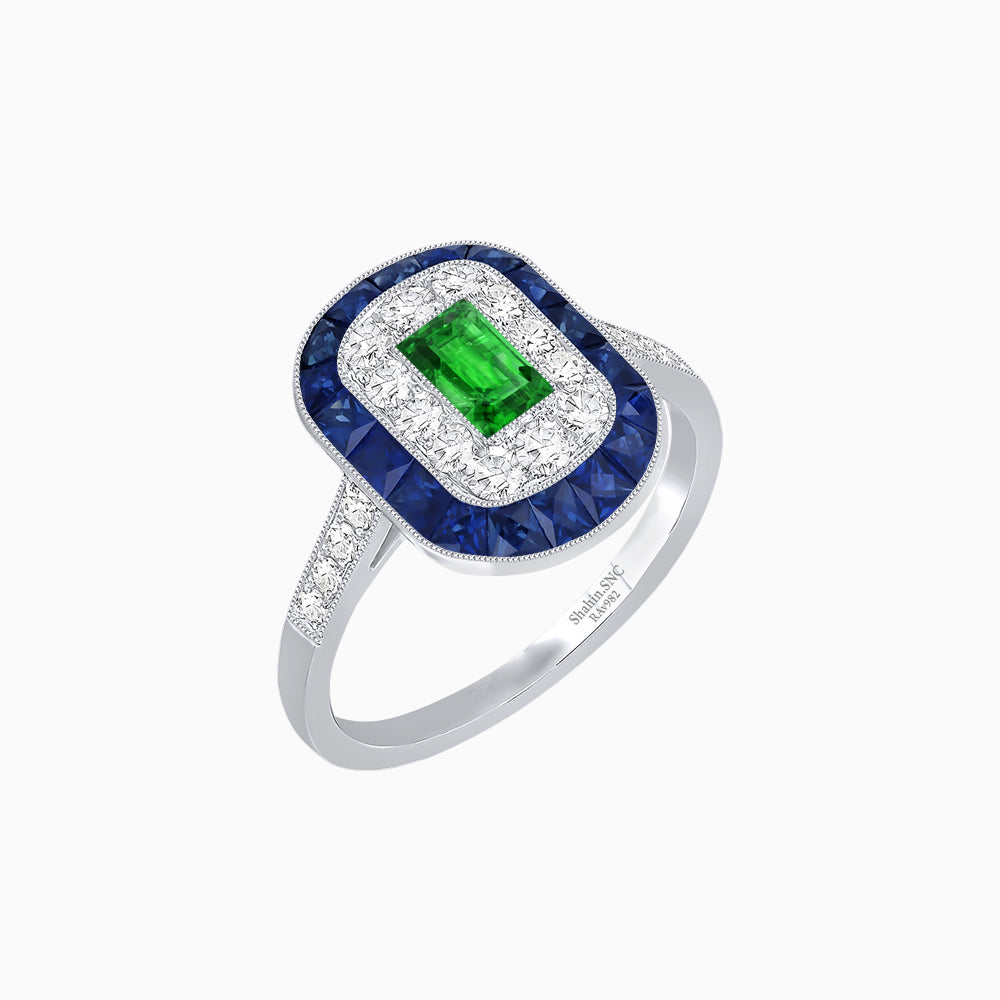 Art Deco Style Double Halo Ring Mounting with Emerald Cut Center Stone and Calibre-Cut Gemstone Halo
