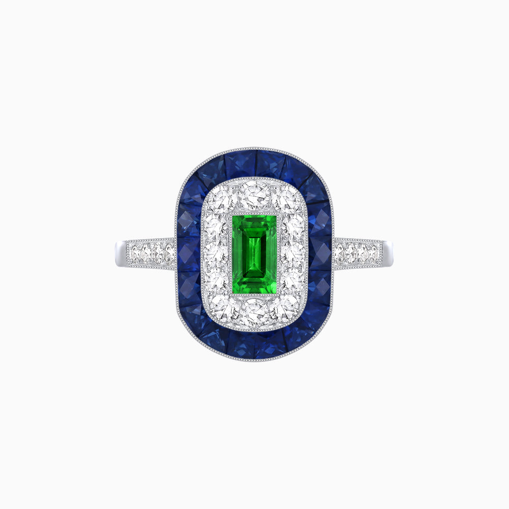 Art Deco Style Double Halo Ring Mounting with Emerald Cut Center Stone and Calibre-Cut Gemstone Halo