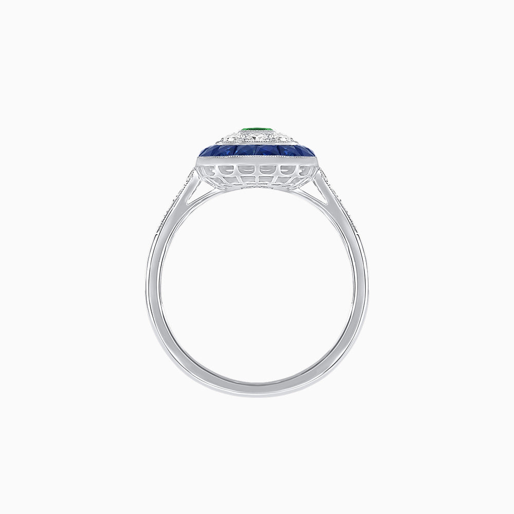 Art Deco Style Double Halo Ring Mounting with Emerald Cut Center Stone and Calibre-Cut Gemstone Halo