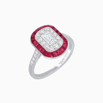 Load image into Gallery viewer, Art Deco Style Double Halo Ring Mounting with Emerald Cut Center Stone and Calibre-Cut Gemstone Halo