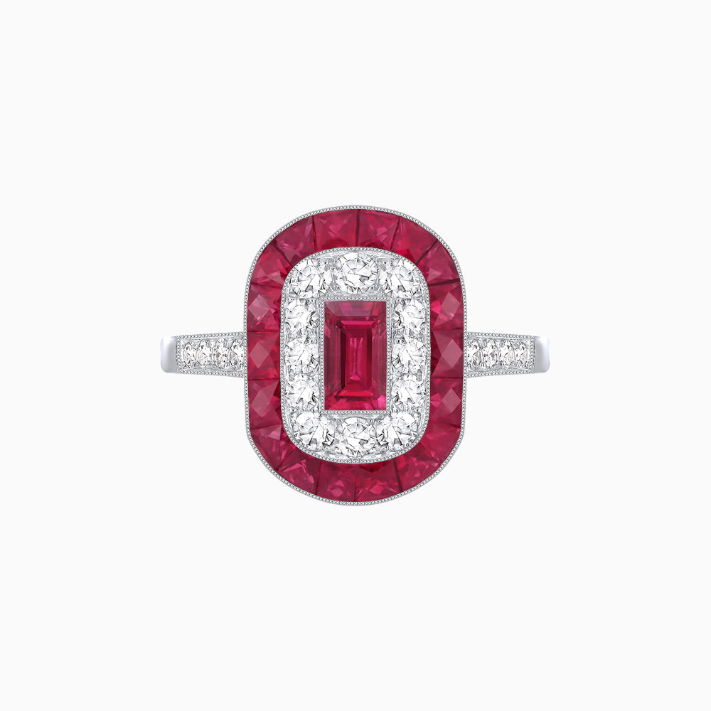 Art Deco Style Double Halo Ring Mounting with Emerald Cut Center Stone and Calibre-Cut Gemstone Halo