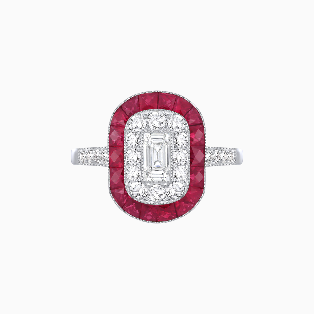 Art Deco Style Double Halo Ring Mounting with Emerald Cut Center Stone and Calibre-Cut Gemstone Halo
