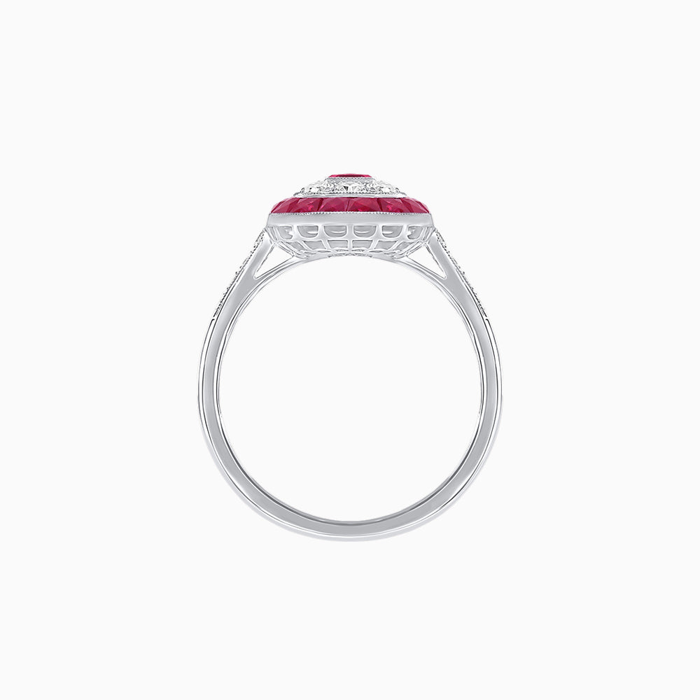 Art Deco Style Double Halo Ring Mounting with Emerald Cut Center Stone and Calibre-Cut Gemstone Halo