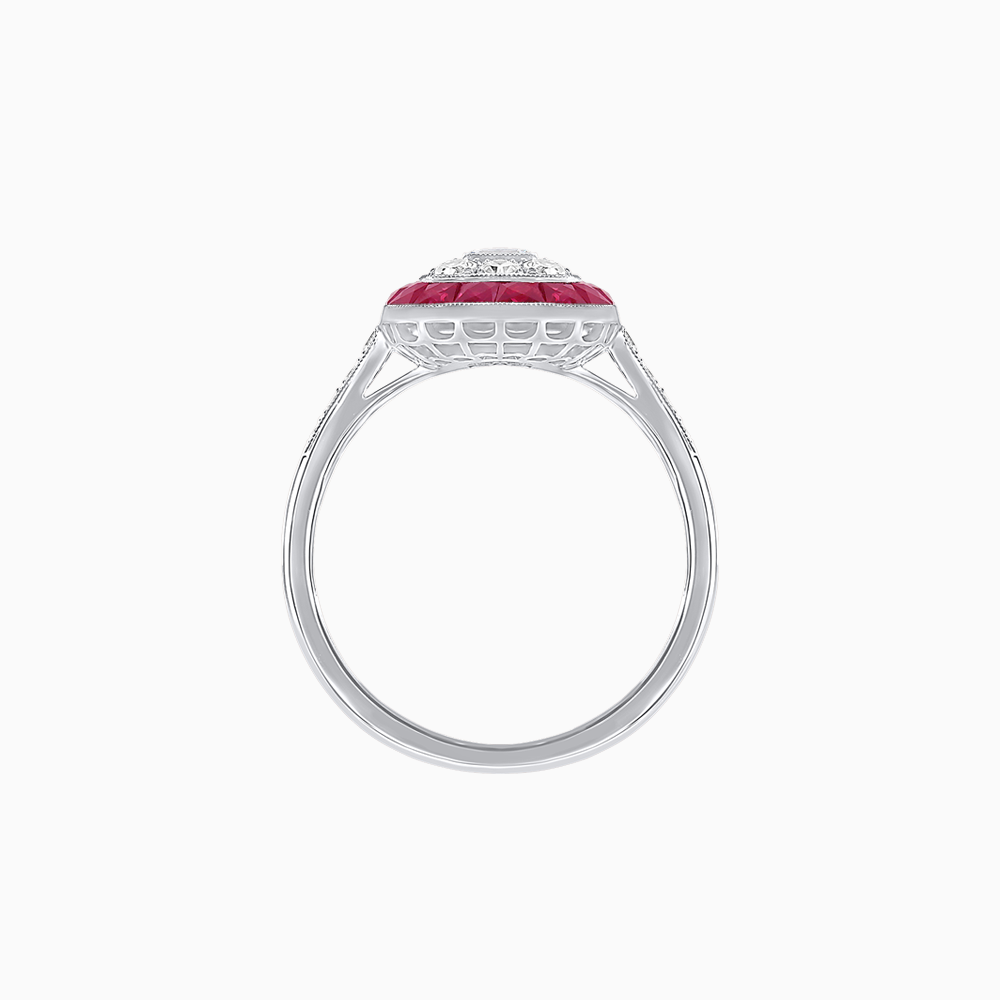 Art Deco Style Double Halo Ring Mounting with Emerald Cut Center Stone and Calibre-Cut Gemstone Halo