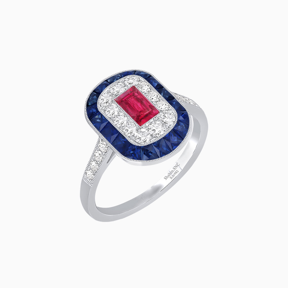 Art Deco Style Double Halo Ring Mounting with Emerald Cut Center Stone and Calibre-Cut Gemstone Halo