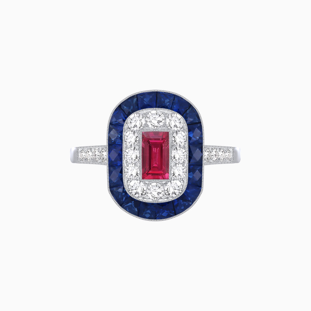 Art Deco Style Double Halo Ring Mounting with Emerald Cut Center Stone and Calibre-Cut Gemstone Halo