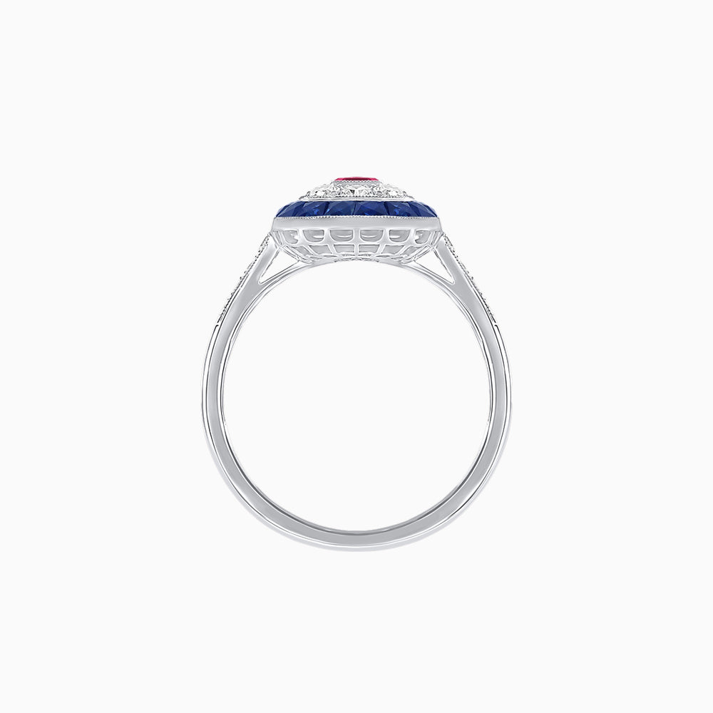 Art Deco Style Double Halo Ring Mounting with Emerald Cut Center Stone and Calibre-Cut Gemstone Halo