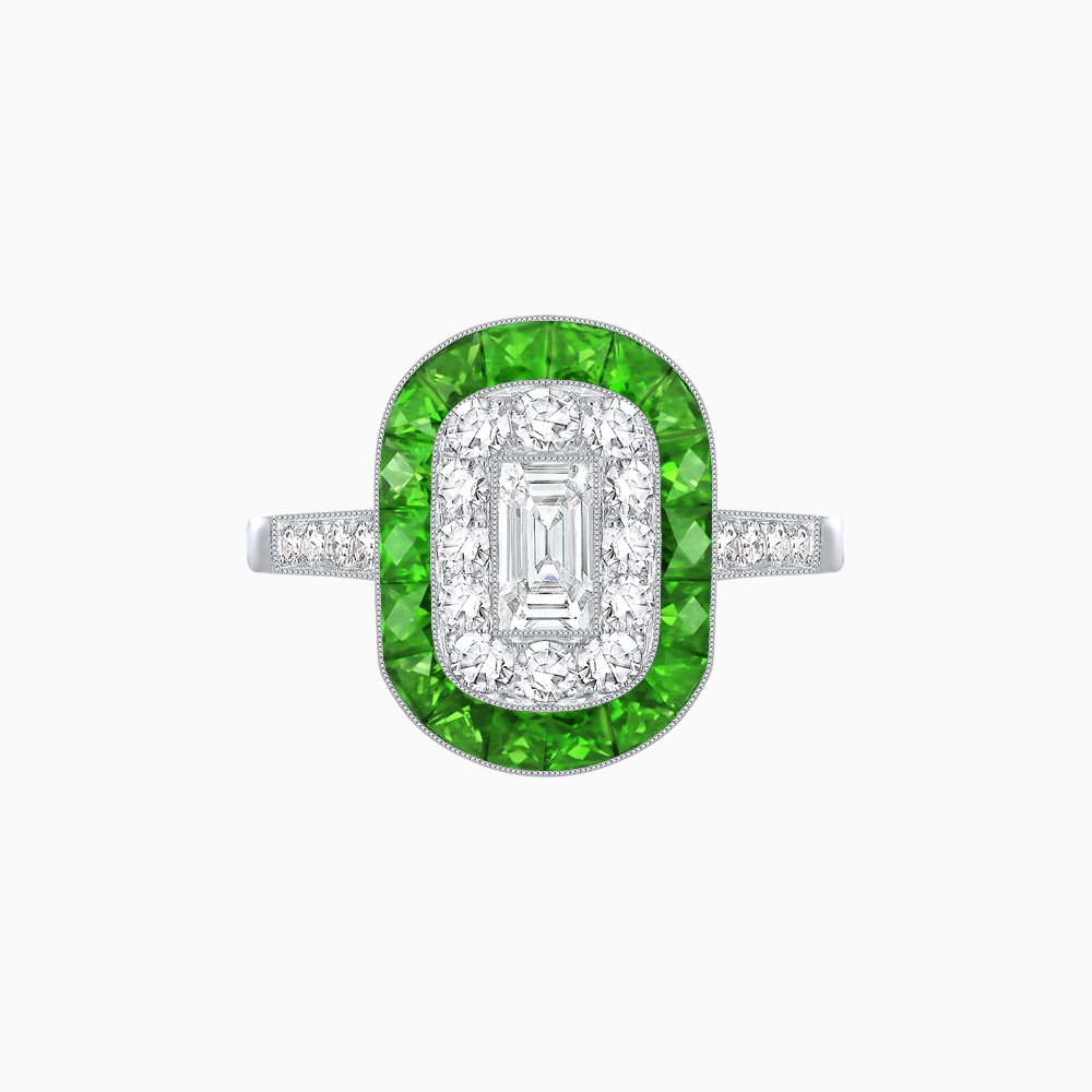 Art Deco Style Double Halo Ring Mounting with Emerald Cut Center Stone and Calibre-Cut Gemstone Halo
