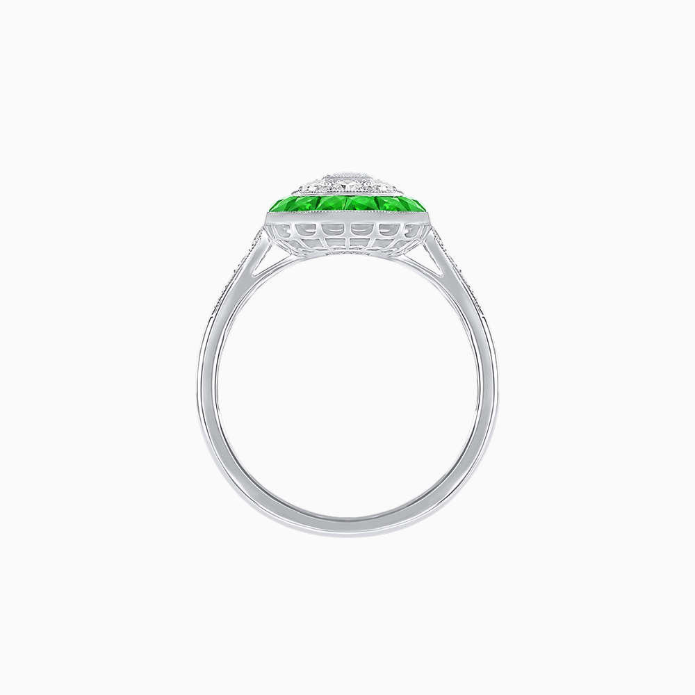 Art Deco Style Double Halo Ring Mounting with Emerald Cut Center Stone and Calibre-Cut Gemstone Halo