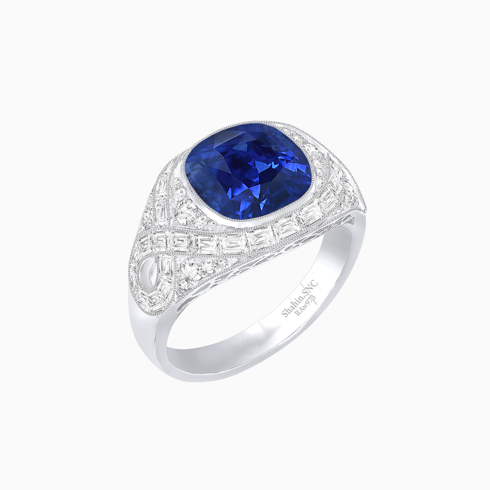 Art Deco Inspired Cushion Cut Ring with Baguette Diamonds