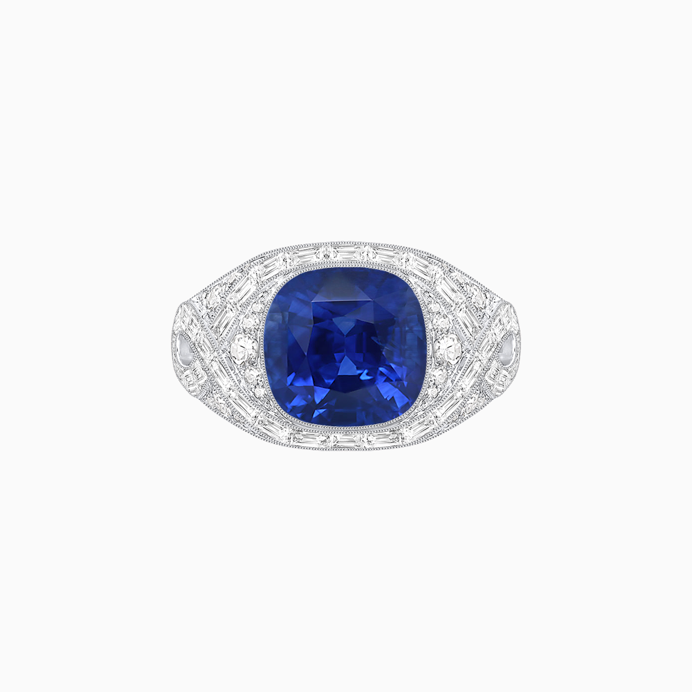 Art Deco Inspired Cushion Cut Ring with Baguette Diamonds