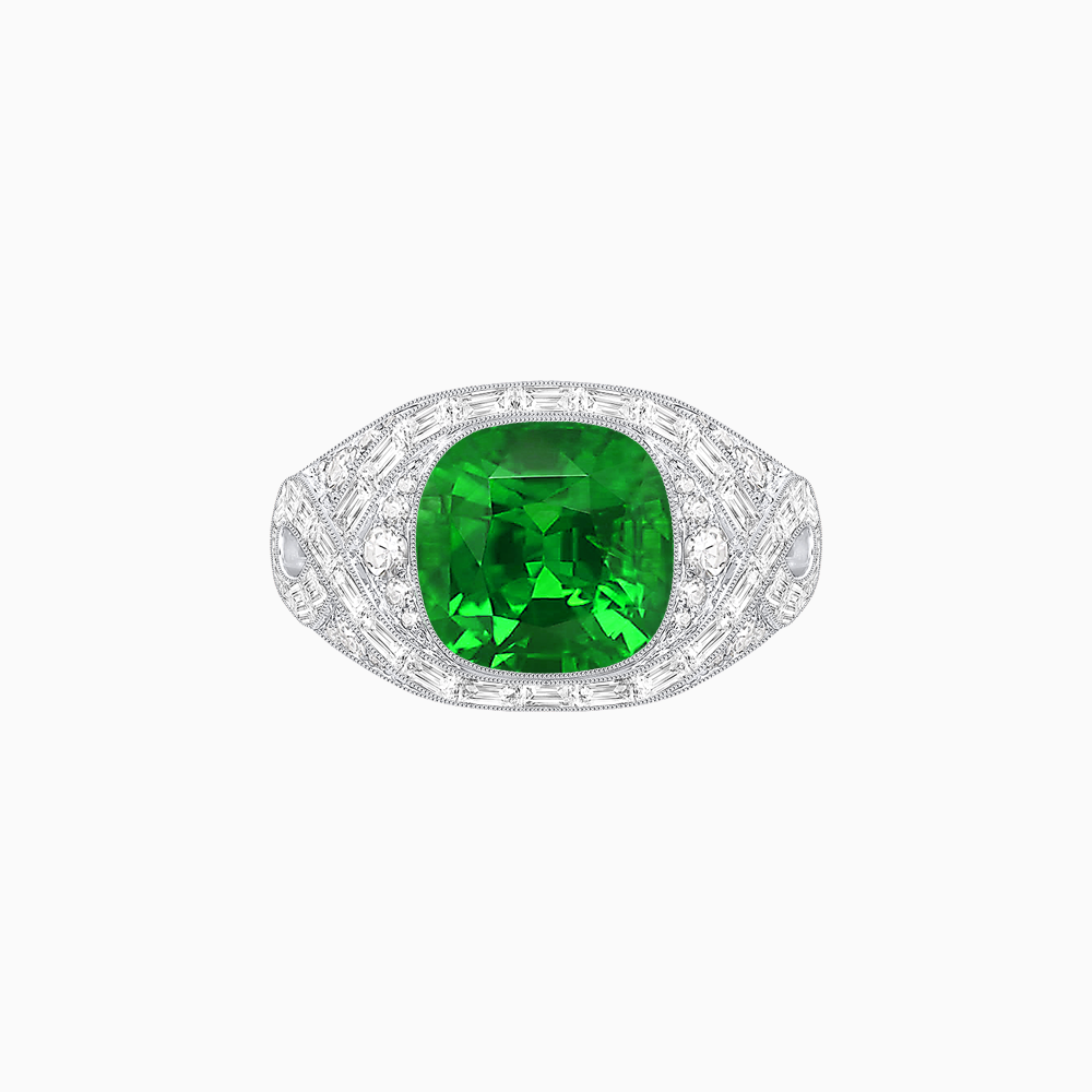 Art Deco Inspired Cushion Cut Ring with Baguette Diamonds