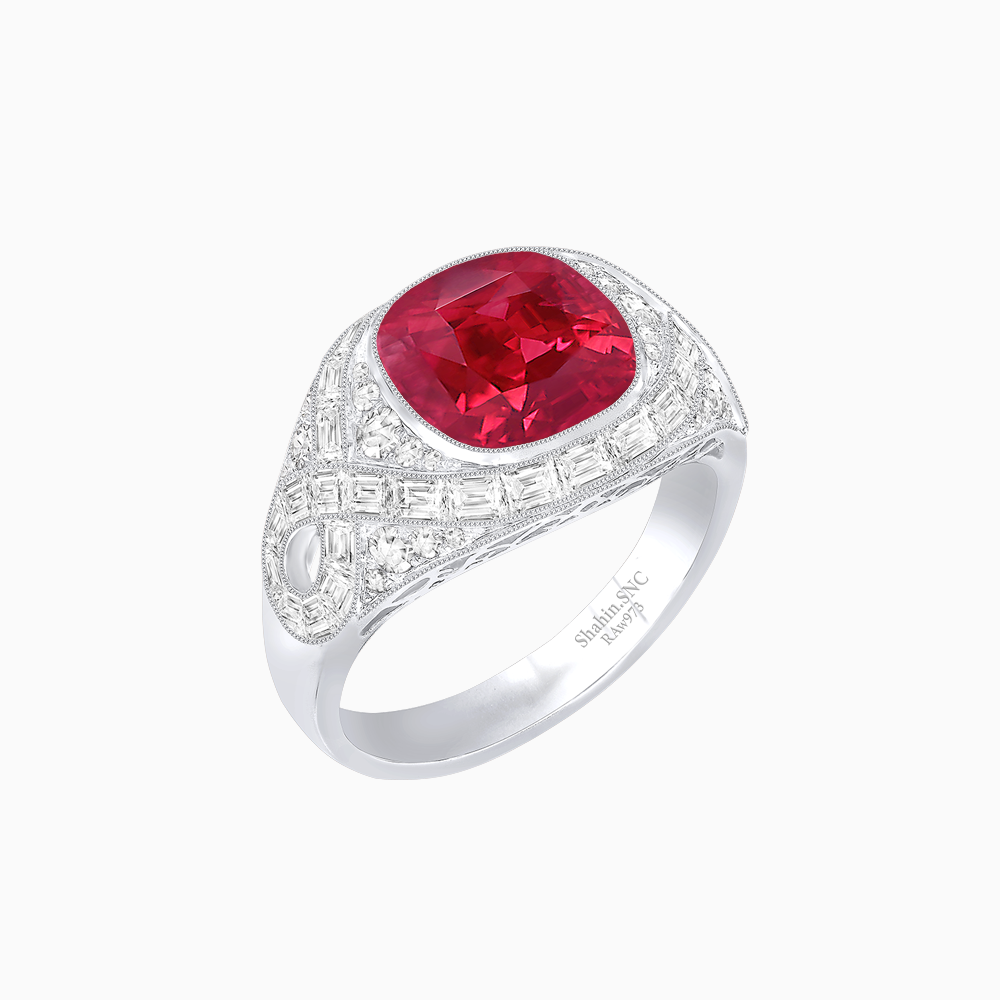 Art Deco Inspired Cushion Cut Ring with Baguette Diamonds