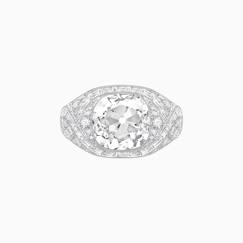 Art Deco Inspired Cushion Cut Ring with Baguette Diamonds