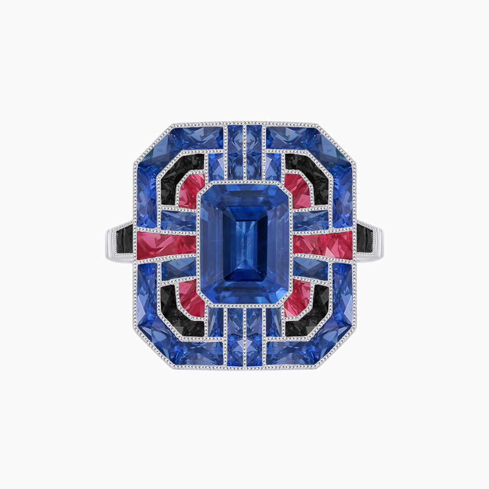 Art Deco Style Emerald Cut Geometric Engagement Ring with Diamond