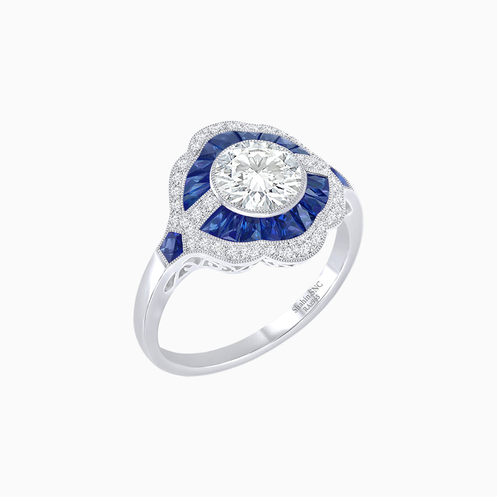 Art Deco Inspired Round Cut Scalloped Double Halo Ring with French-Cut Gemstones