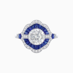 Load image into Gallery viewer, Art Deco Inspired Round Cut Scalloped Double Halo Ring with French-Cut Gemstones