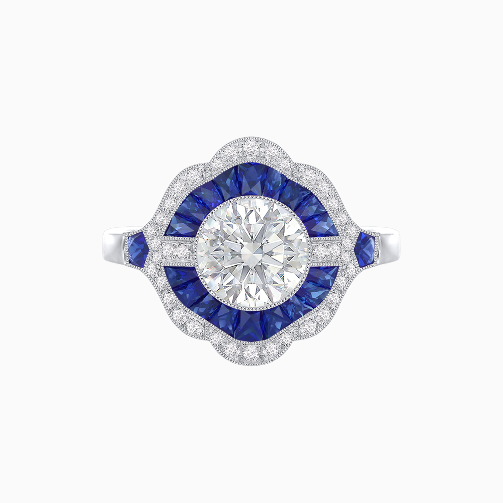 Art Deco Inspired Round Cut Scalloped Double Halo Ring with French-Cut Gemstones