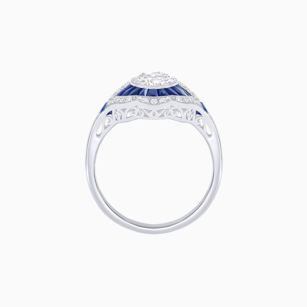 Art Deco Inspired Round Cut Scalloped Double Halo Ring with French-Cut Gemstones