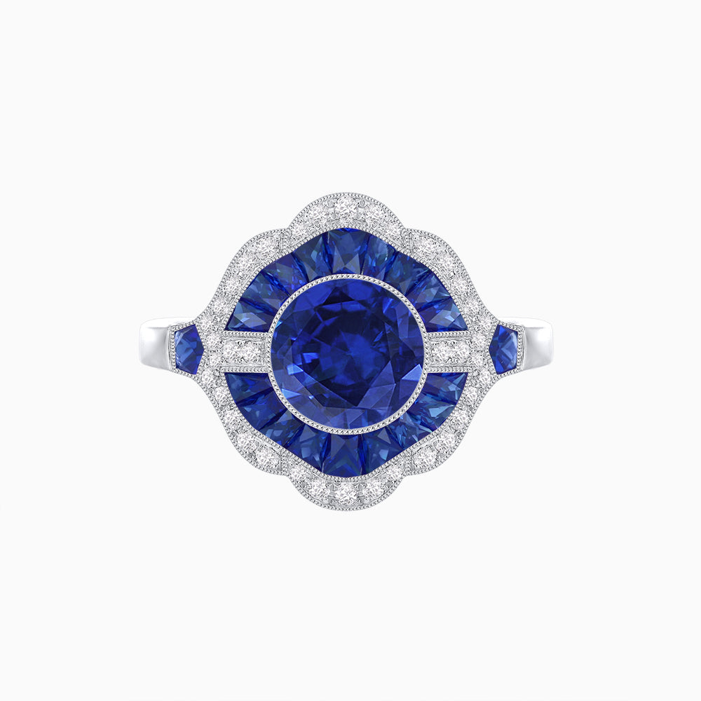 Art Deco Inspired Round Cut Scalloped Double Halo Ring with French-Cut Gemstones