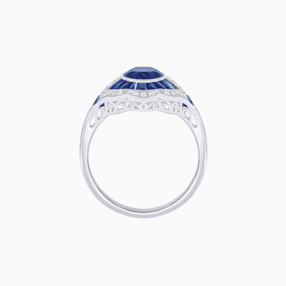 Art Deco Inspired Round Cut Scalloped Double Halo Ring with French-Cut Gemstones