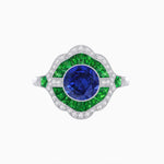 Load image into Gallery viewer, Art Deco Inspired Round Cut Scalloped Double Halo Ring with French-Cut Gemstones