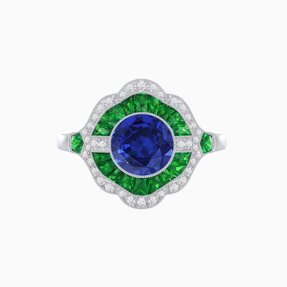 Art Deco Inspired Round Cut Scalloped Double Halo Ring with French-Cut Gemstones
