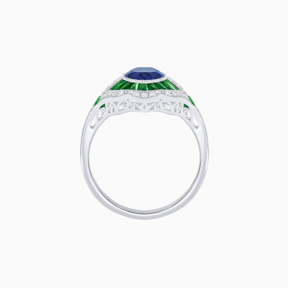 Art Deco Inspired Round Cut Scalloped Double Halo Ring with French-Cut Gemstones