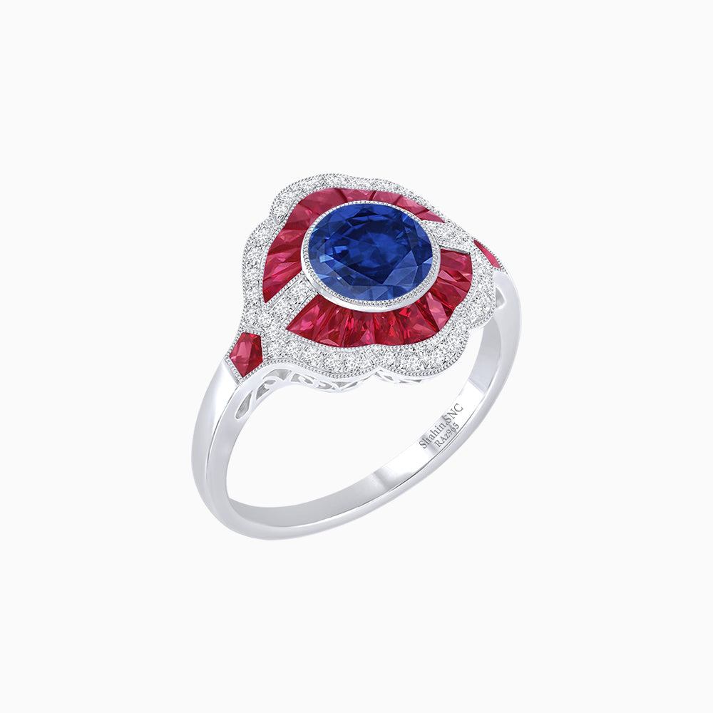 Art Deco Inspired Round Cut Scalloped Double Halo Ring with French-Cut Gemstones