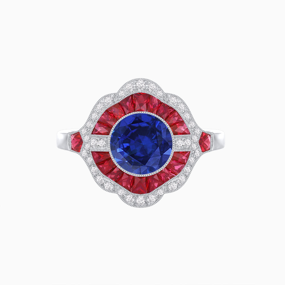 Art Deco Inspired Round Cut Scalloped Double Halo Ring with French-Cut Gemstones
